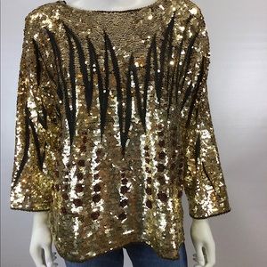 Vintage Gold & Brown Flower Sequin Long Sleeve Top
